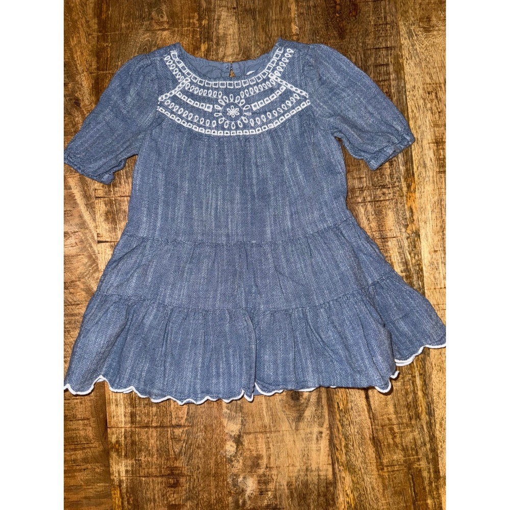 Cat & Jack Toddler Girl Blue Embroidered Tiered Chambray Dress 18M Scallop Hem